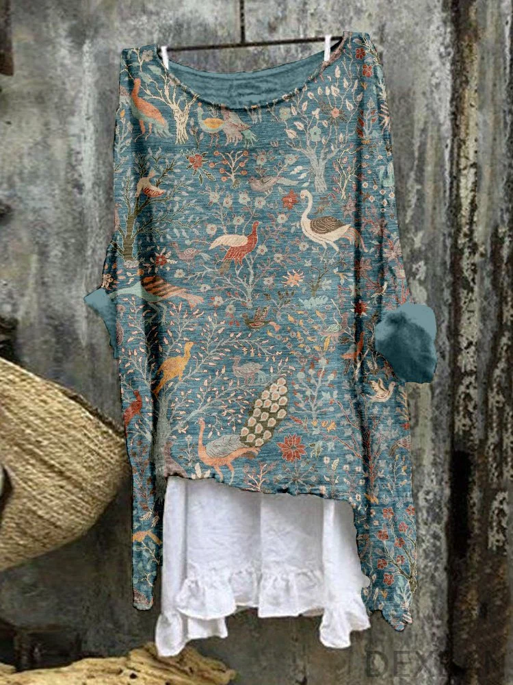 Birds Garden Pattern Linen Blend Flowy Tunic