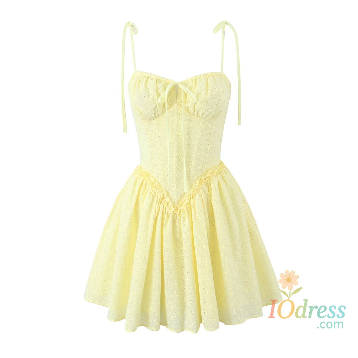 IO Dress YENKYE Sexy Elegant Women Hollow Out Embroidery Yellow Sling Mini Dress Low Waist Lace Up Bandage Party Dresses Birthday Robe
