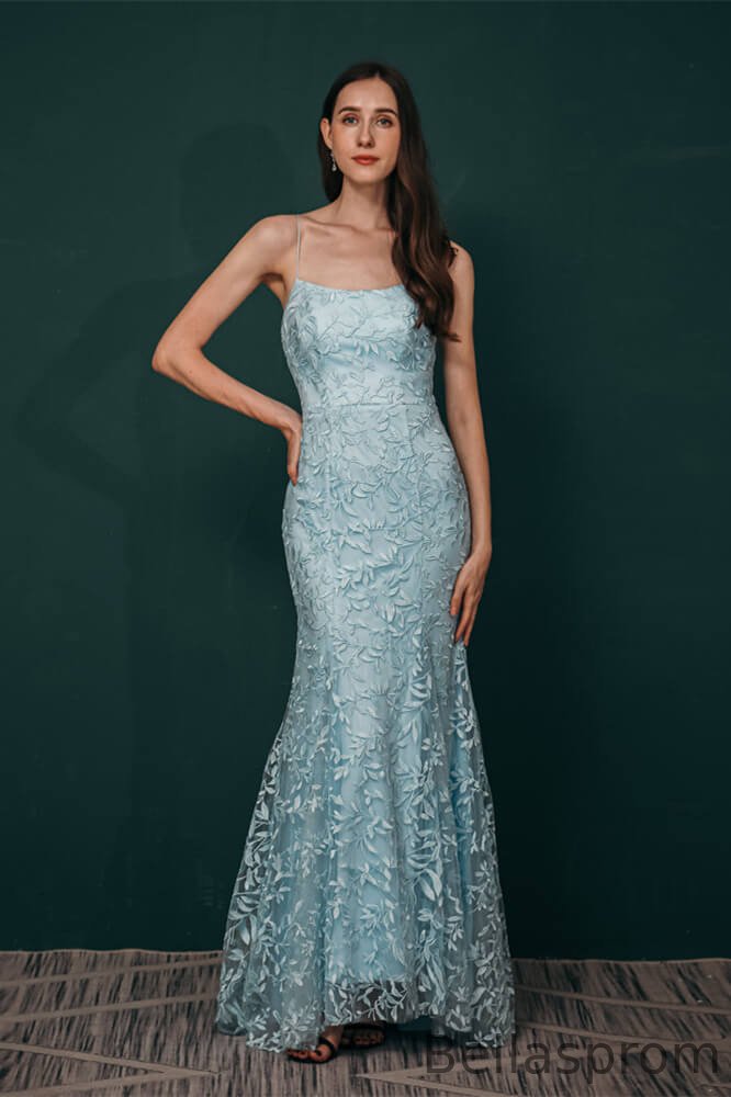 Bellasprom Dusty Blue Spaghetti-Straps Mermaid Prom Dress String Back With Appliques Bellasprom