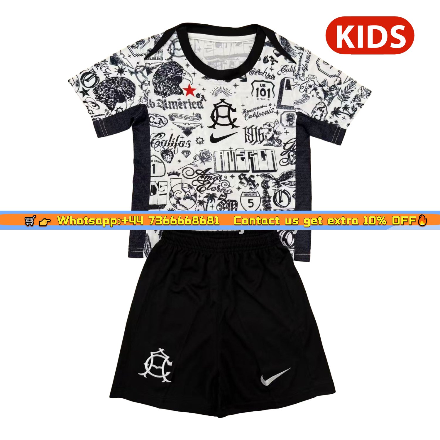 Club América 24-25 Pre-match Black and White Graffiti Training Kids Kit