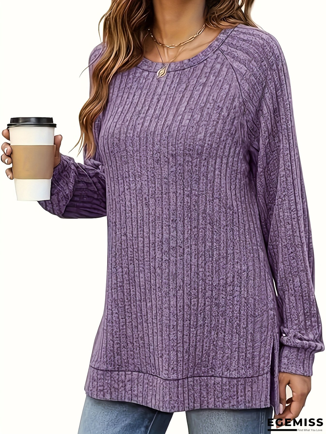 Women's Oversized Longline Sweater Sweater Dress - Soft Lavender Purple Round Neck Winter Coat-like Top with Slit Hem, Machine Washable Casual to Formal Outfits for Fall & Winter (No Belt/No Padding) - Cozy Layering Piece for Everyday & Formal Events | EGEMISS