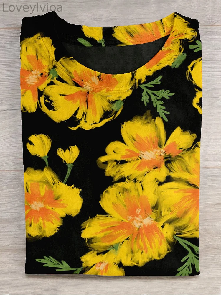 Unisex Floral Painting Art Print Round Neck Short Sleeve T-Shirt