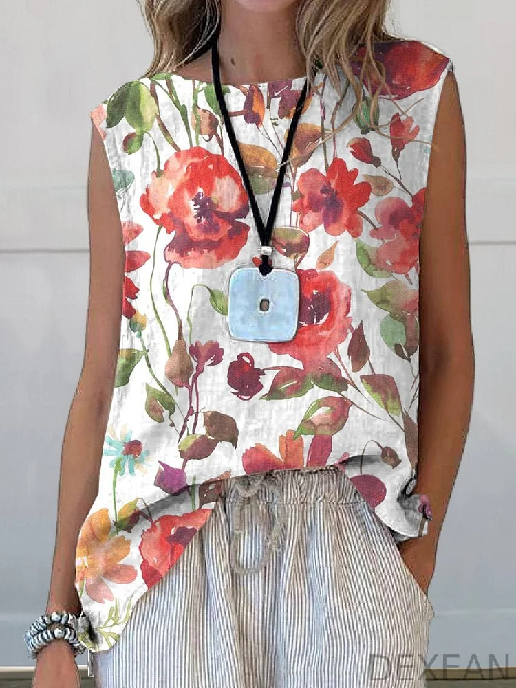 Watercolor Poppy Floral Art Printed Women's Casual  Cotton And Linen Tank Top