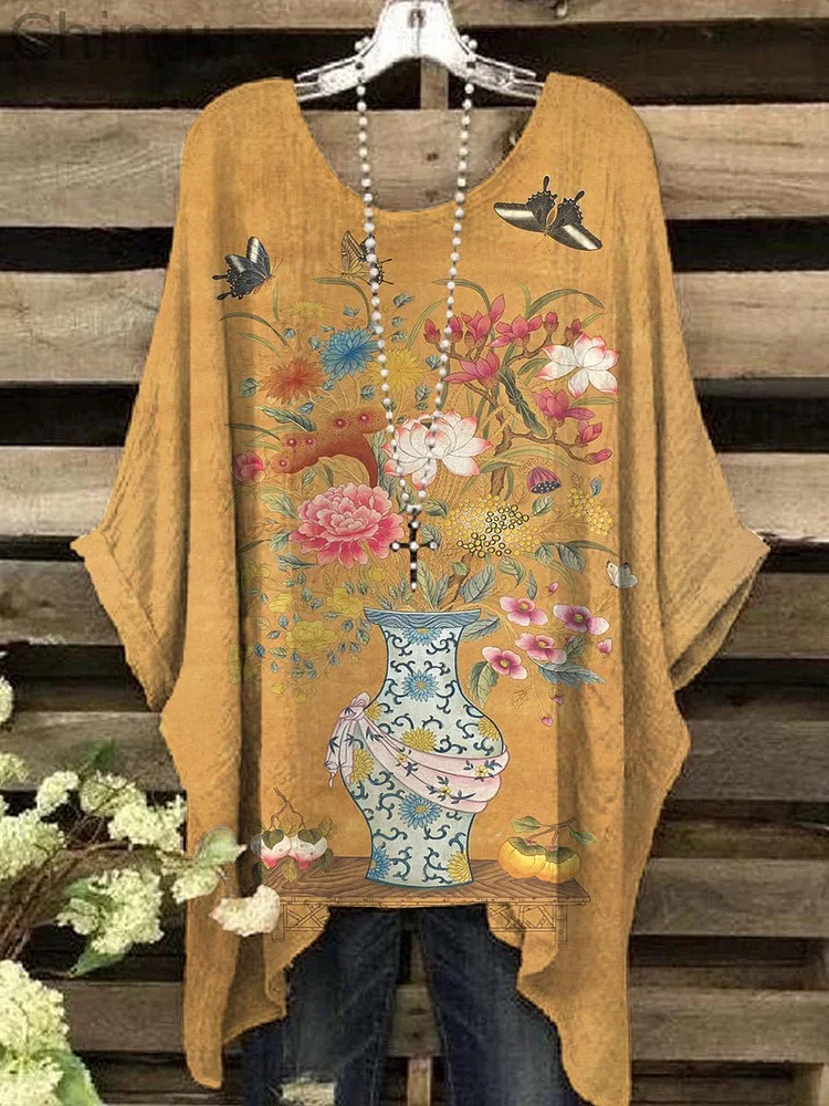 Women's Oriental Classical Painting Art Print Casual Top