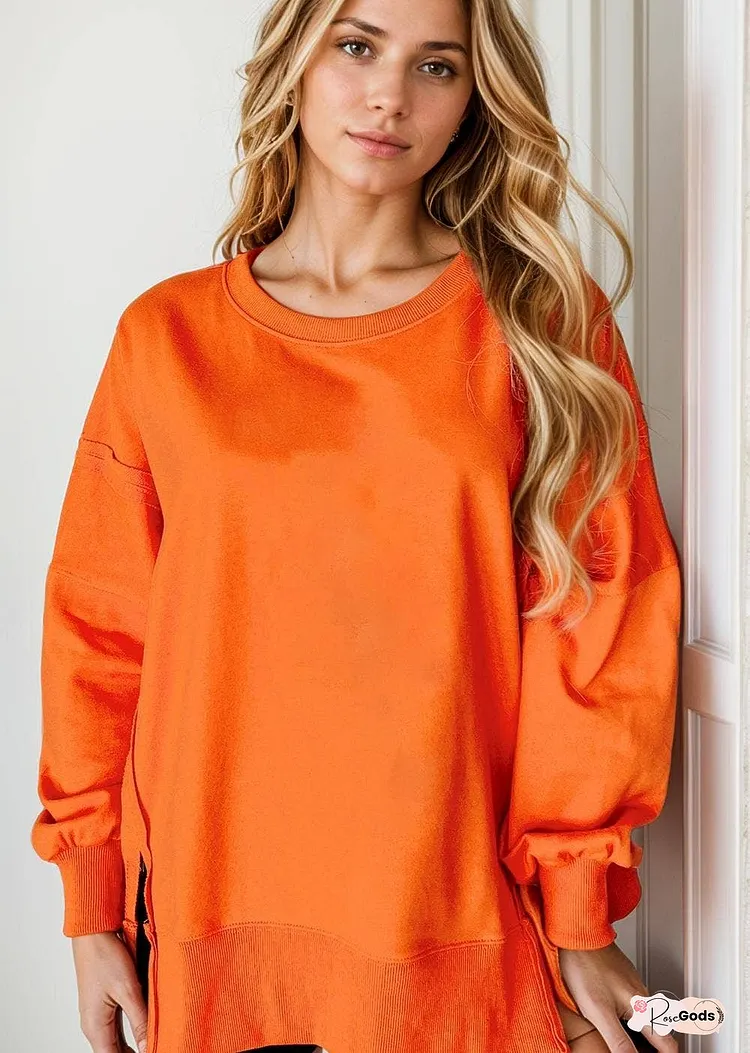 Exposed Seam Drop Shoulder Round Neck Sweatshirt with Slits