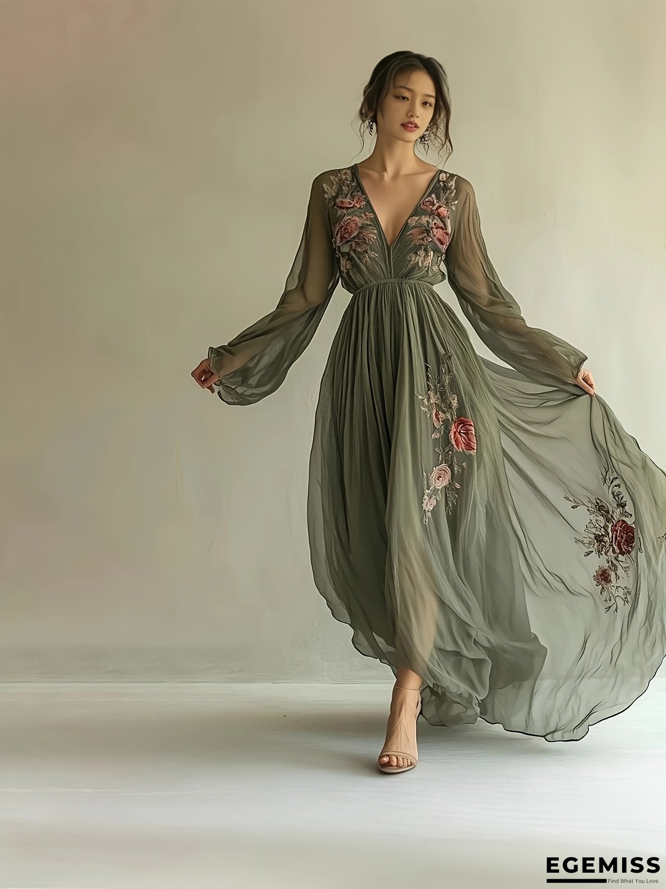 [Bohemian Style Romantic Dress] Lightweight Polyester Bohemian Style Mesh Printed Long Skirt Romantic Dress - V-Neck, Off-Shoulder, Flowing A-Line Silhouette, Perfect For Summer, Casual To Formal Wear | EGEMISS