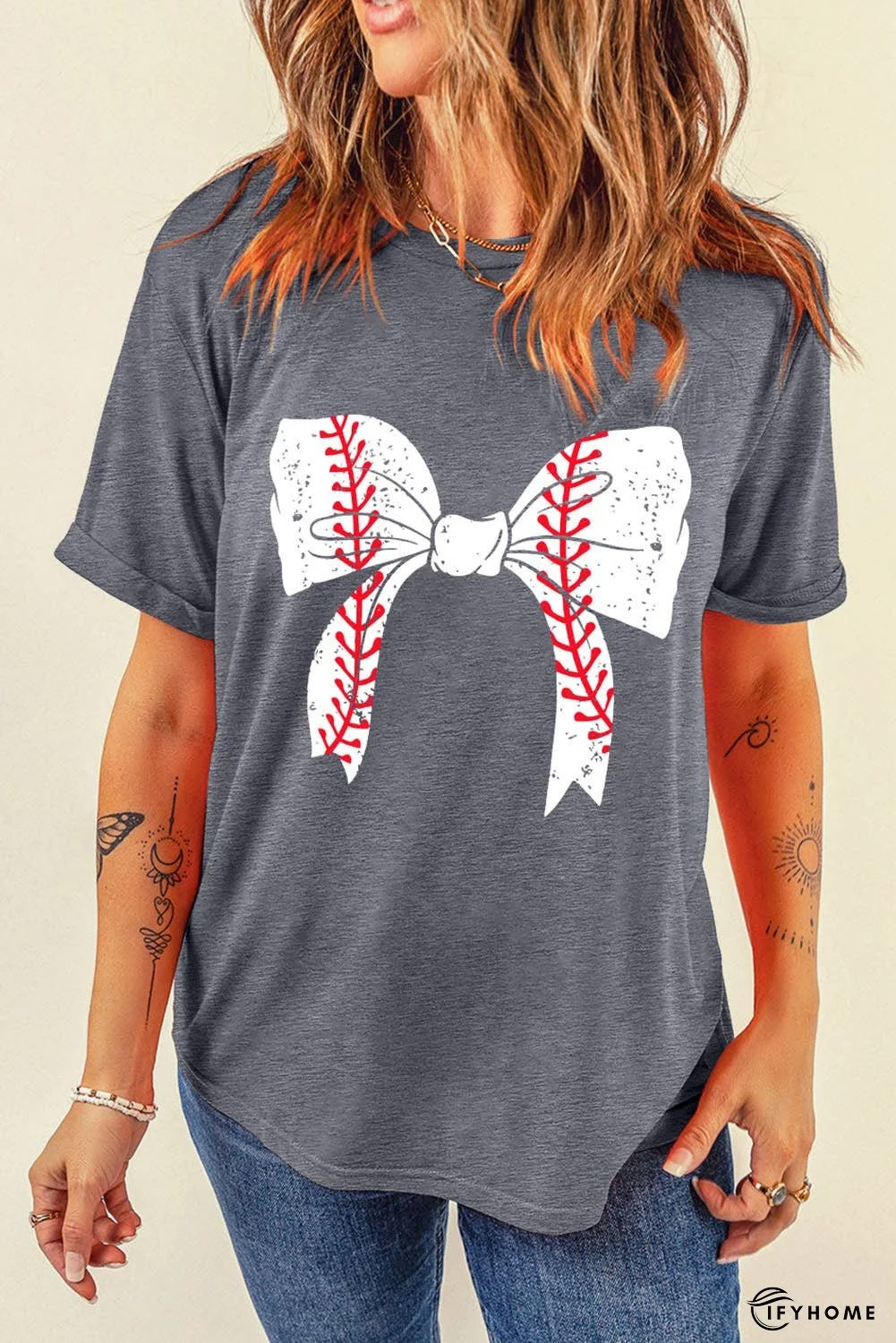 Black Baseball Bowknot Graphic Roll Up Sleeve Tee | IFYHOME