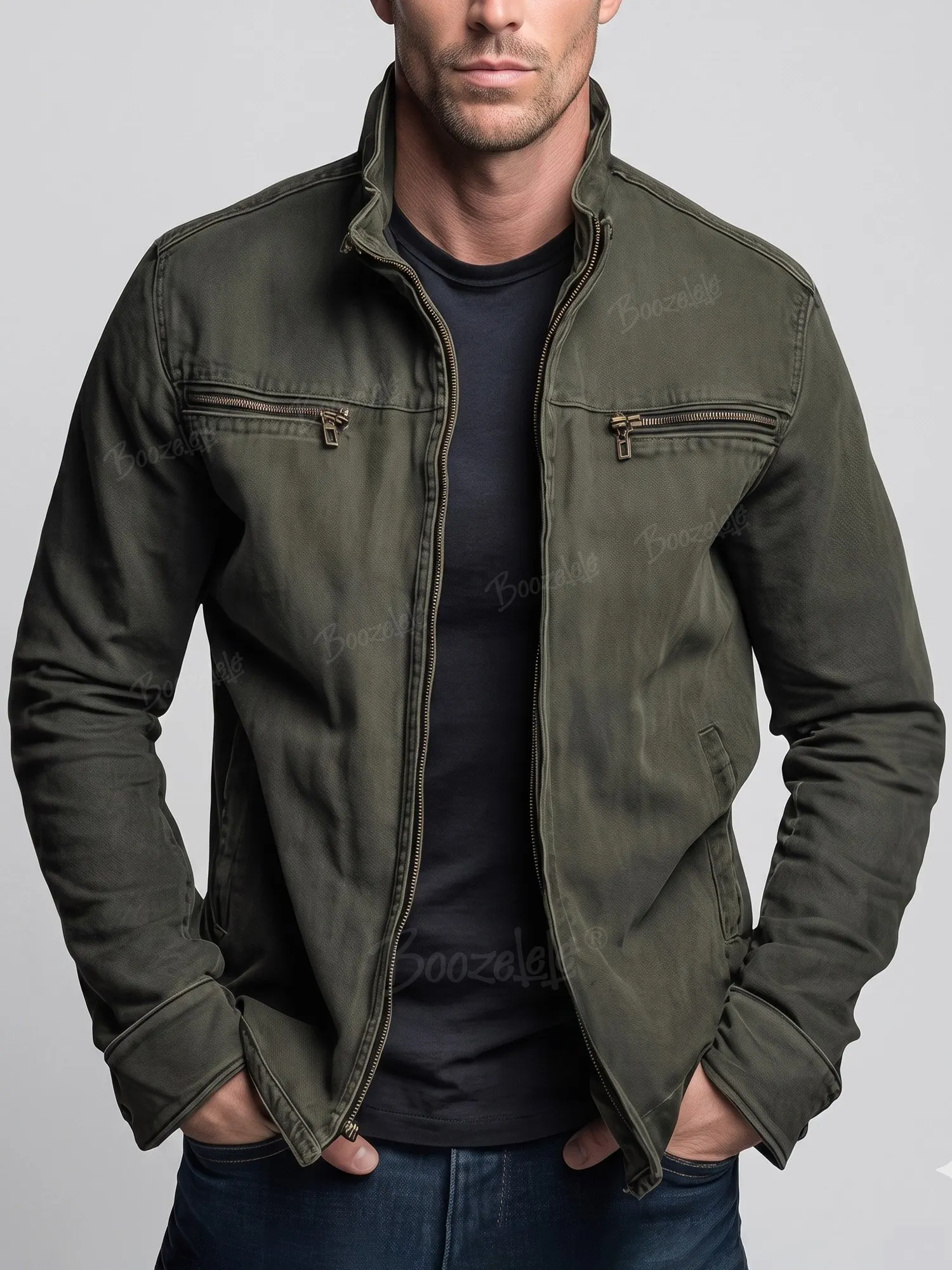 Western-style Men's Workwear Jacket &mdash; Slim-fit, Stand-collar, Vintage-wash Canvas