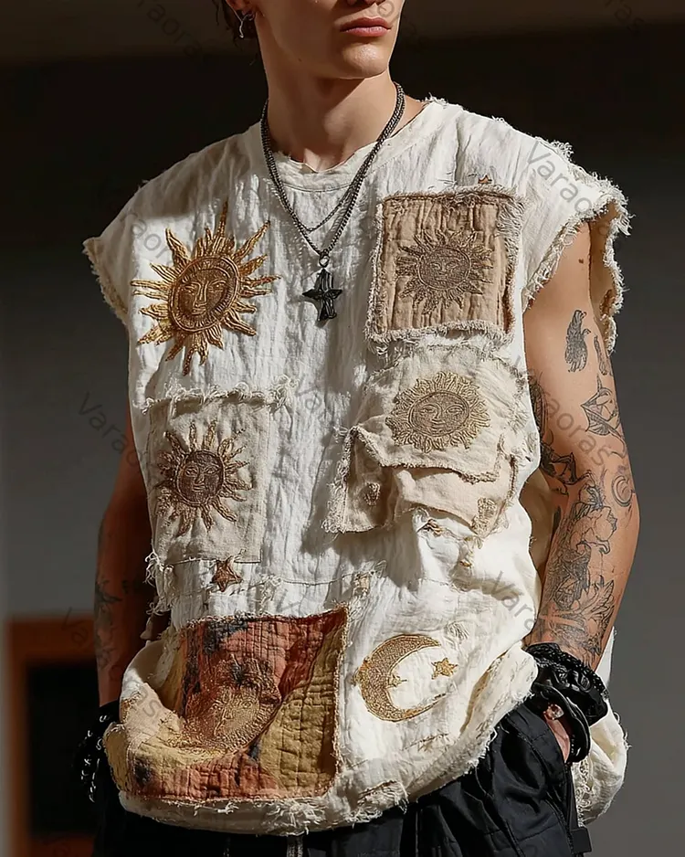 Men's Color-Blocked Star and Moon Embroidered Sleeveless Top 2037