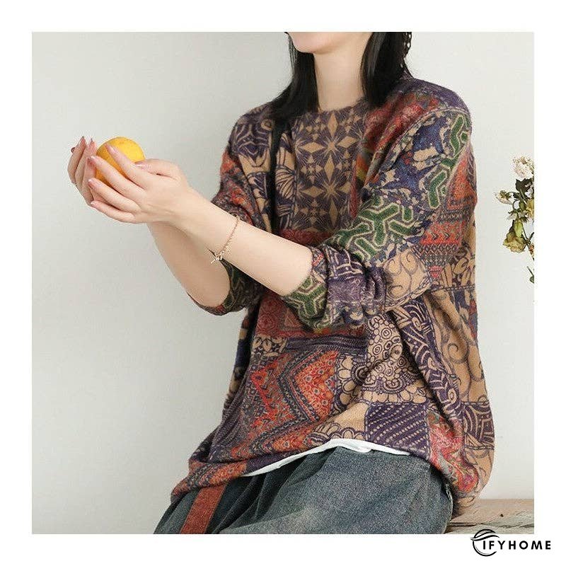 Women's Floral Print Round Neck Sweater With Medium Length | IFYHOME