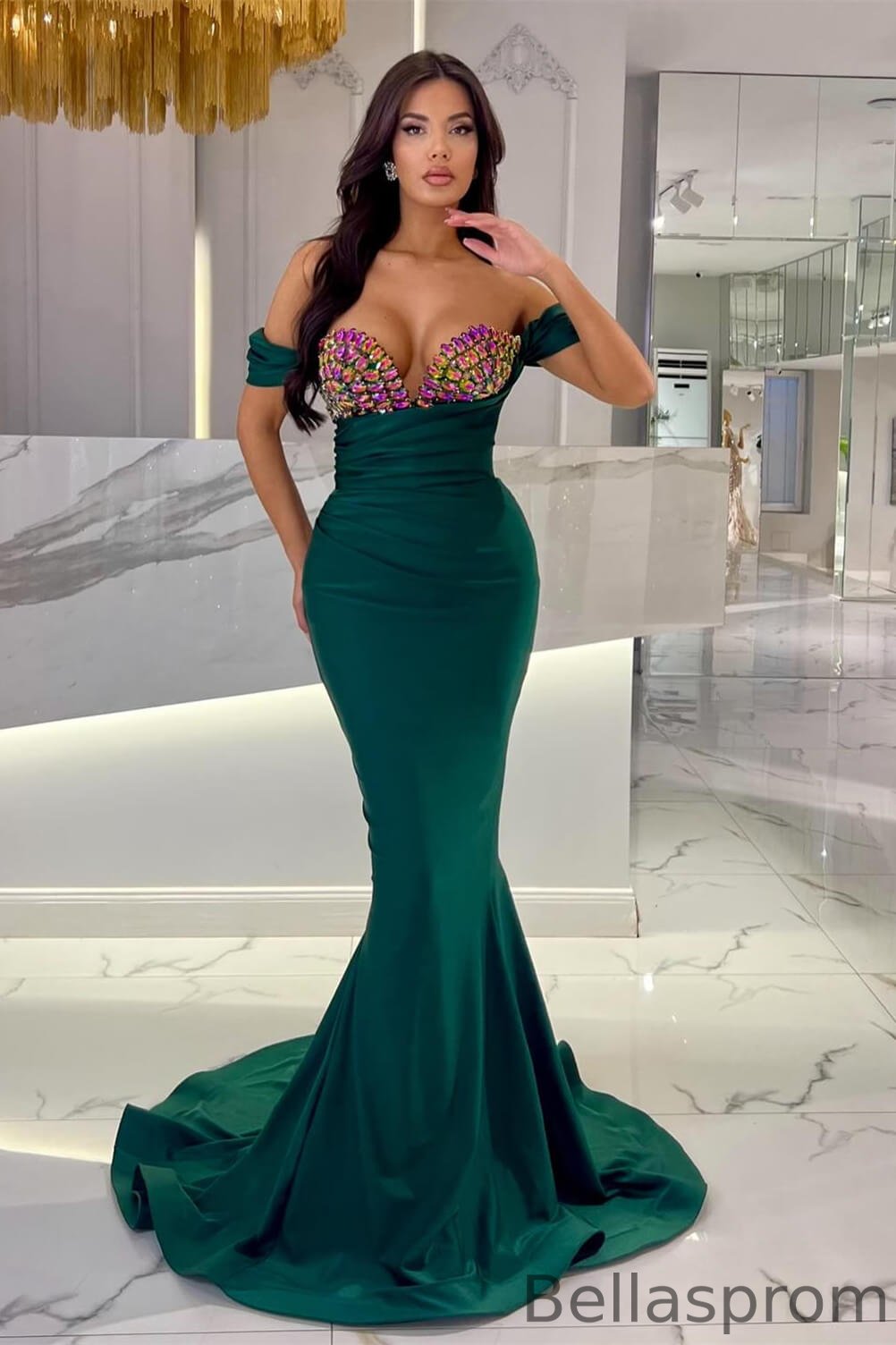 Bellasprom Dark Green Off-the-Shoulder Sweetheart Sleeveless Mermaid Prom Dress With Crystals Bellasprom