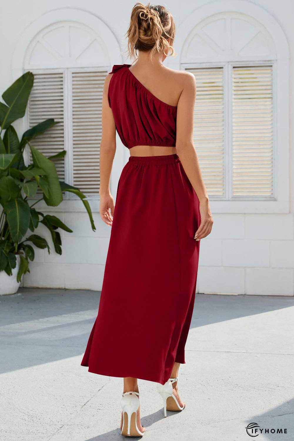 Ruched One Shoulder Top and Slit Skirt Set | IFYHOME