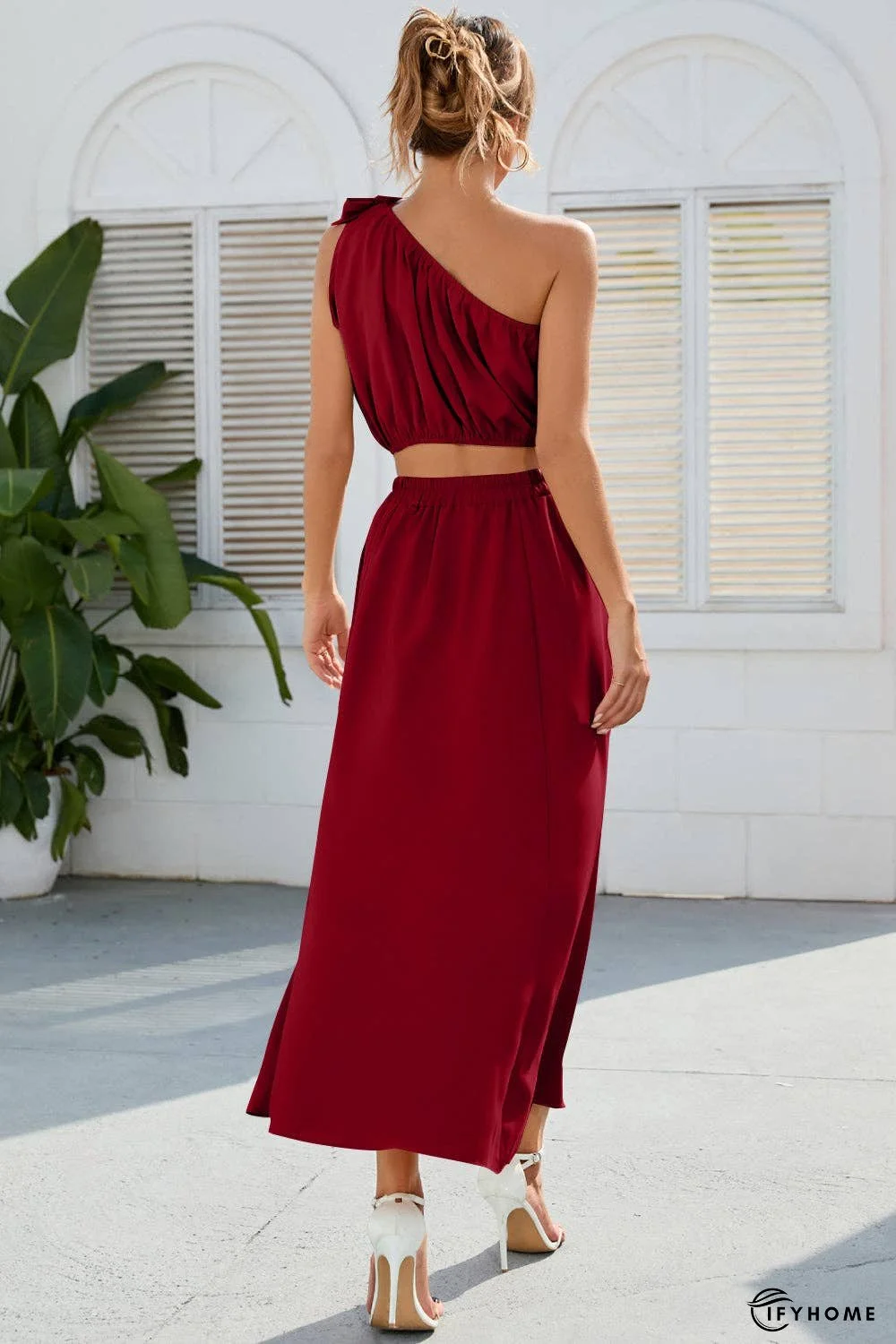 Ruched One Shoulder Top and Slit Skirt Set | IFYHOME