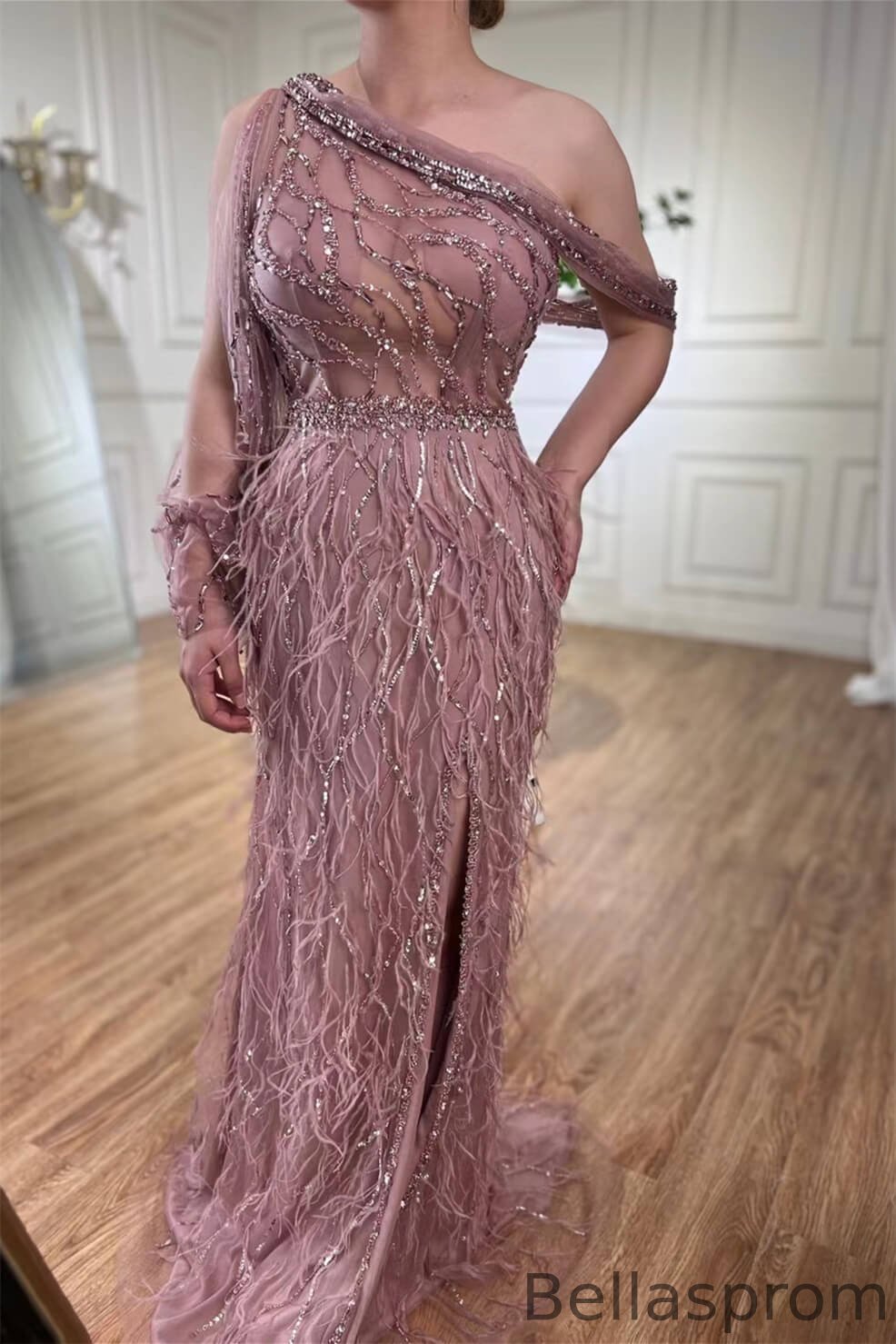 Bellasprom Wisteria One Shoulder Mermaid Evening Dress With Beadings Feathers Split Bellasprom