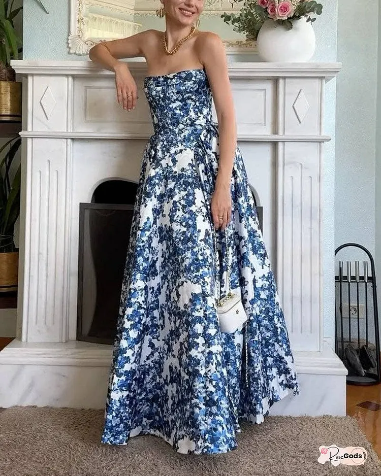 Elegant Strapless Printed String Dress