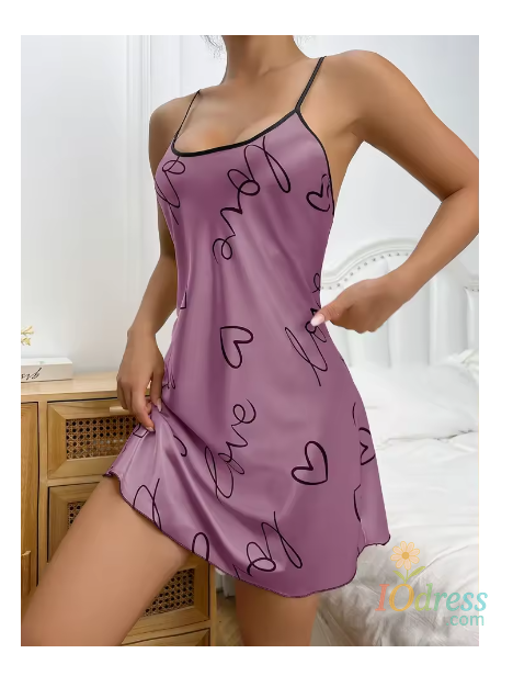 IO Dress Sleepwear Women's Sexy Lingerie Heart Print Nightdress Scoop Neck Criss Cross Back Sleepdress Nightgowns Pajamas Nighties