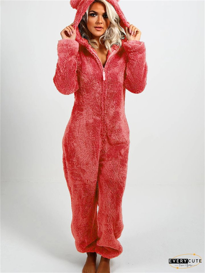 Women's Jumpsuit Solid Color Hooded Basic Home Loose Long Sleeve Rose Red 5XL Fall