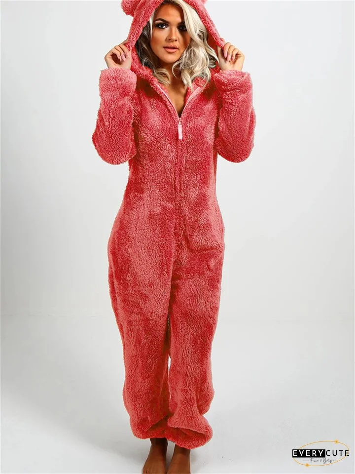 Women's Jumpsuit Solid Color Hooded Basic Home Loose Long Sleeve Rose Red 5XL Fall