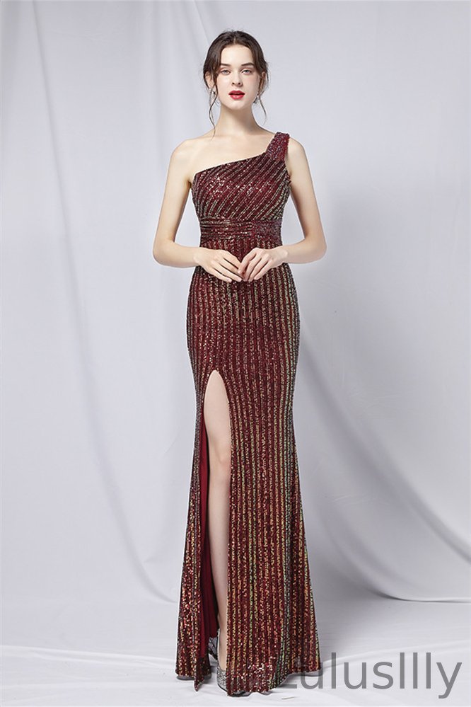 Elegant One Shoulder Sequined Evening Formal Dress Long Mermaid With Slit On Sale YE0099 - lulusllly