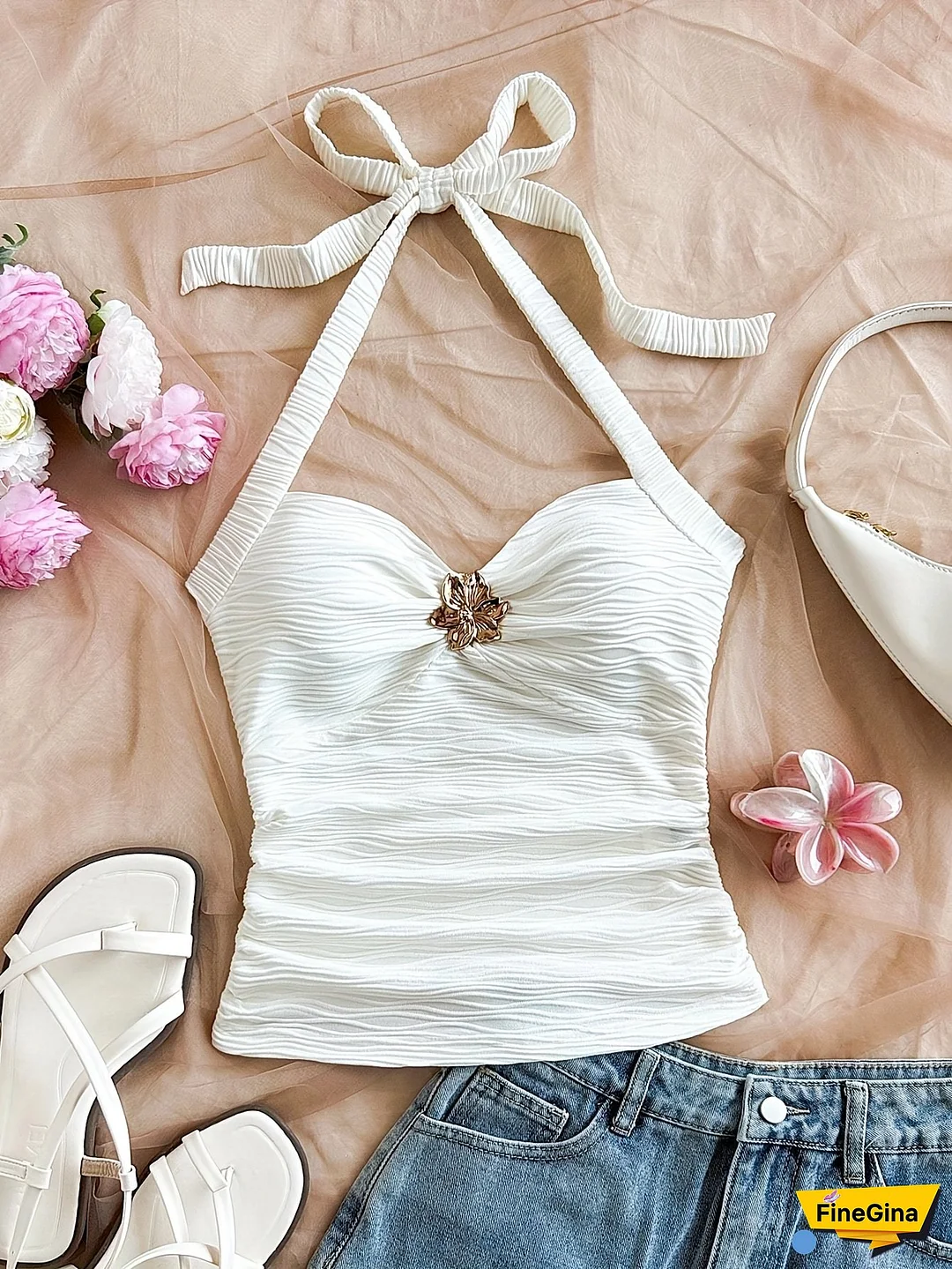 White Halter Neck Top With Metallic Golden Buckle And Floral Accents - Bohemian Style Ruched Bust Tank For Women, Perfect For Vacations, Music Festivals, And Date Nights - Summer Collection, Festive Outfit | Metallic Buckle Detail | Texture