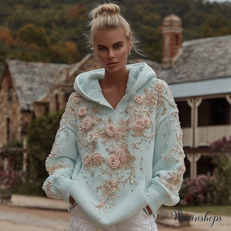 Women's Vintage Bohemian Floral Embroidery Casual V-neck Hoodie