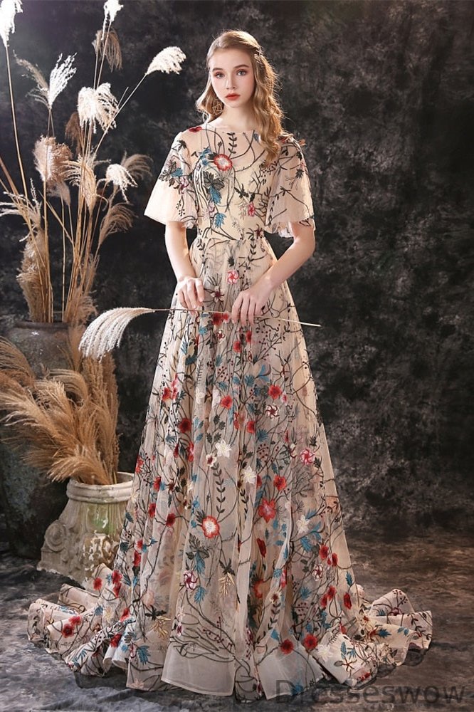 Dresseswow Short Sleeves Flowers Evening Dress Tulle Long Online