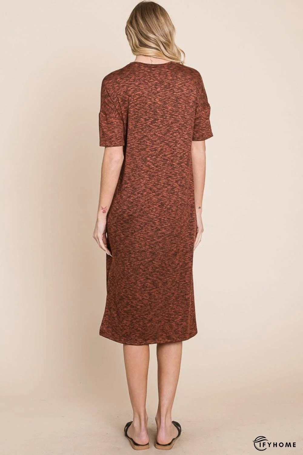 BOMBOM Round Neck Side Slit Midi Dress | IFYHOME