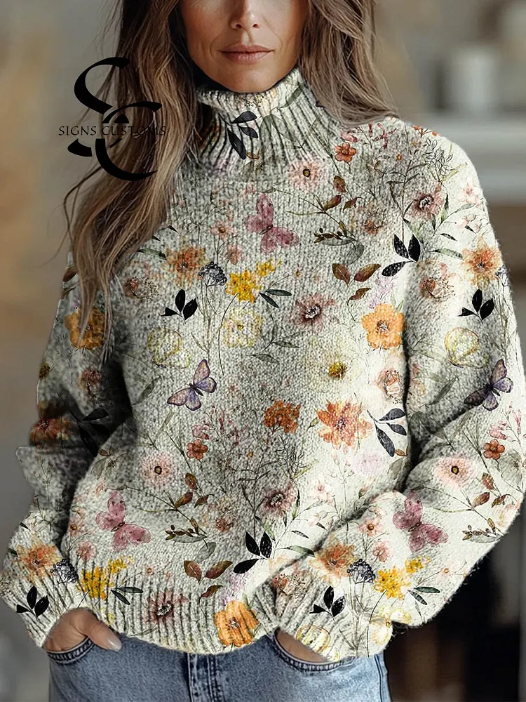Women's Vintage Floral Art Print Knit Turtleneck Pullover Sweater
