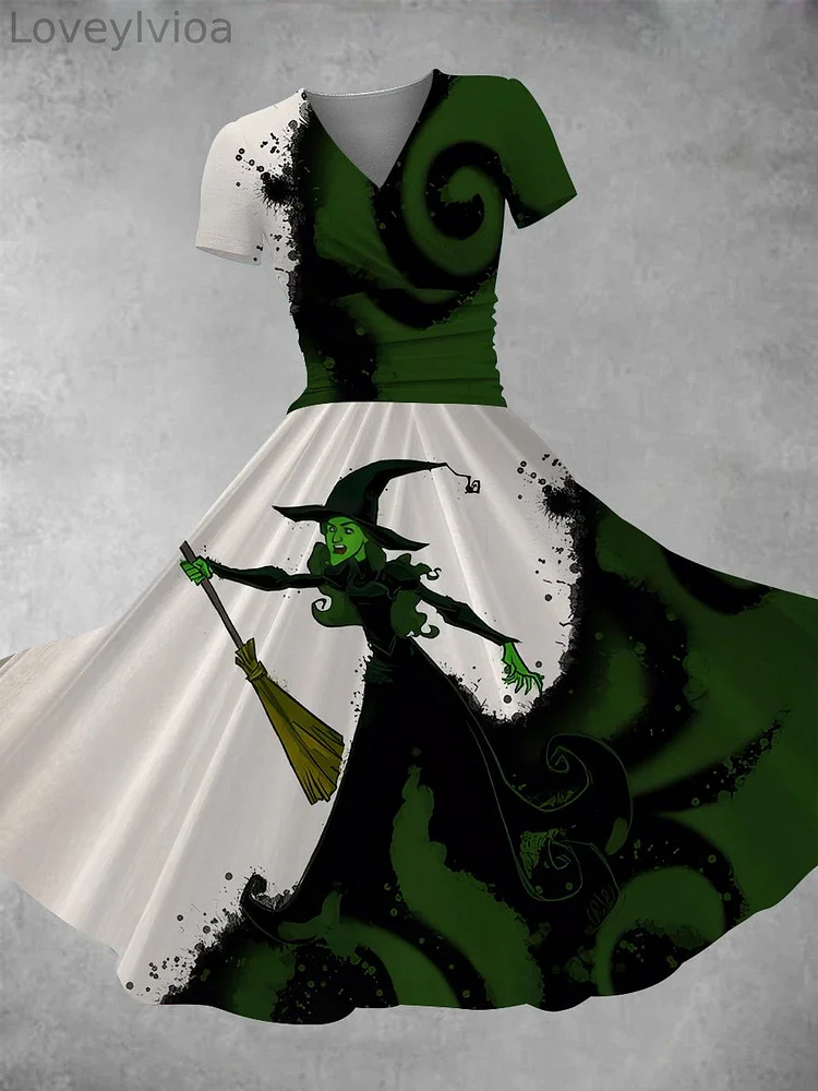 Women's Vintage Halloween Witch Print Maxi Dress