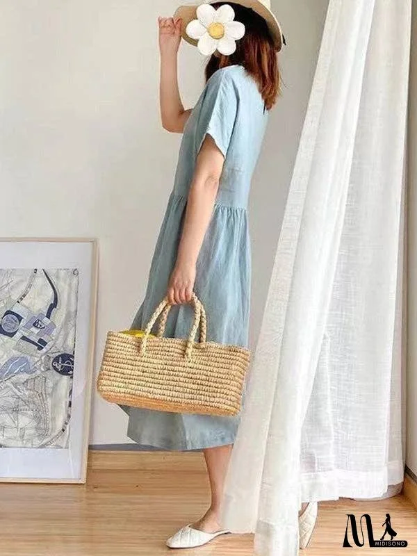 Casual Loose Solid Color Round-Neck Midi Dresses