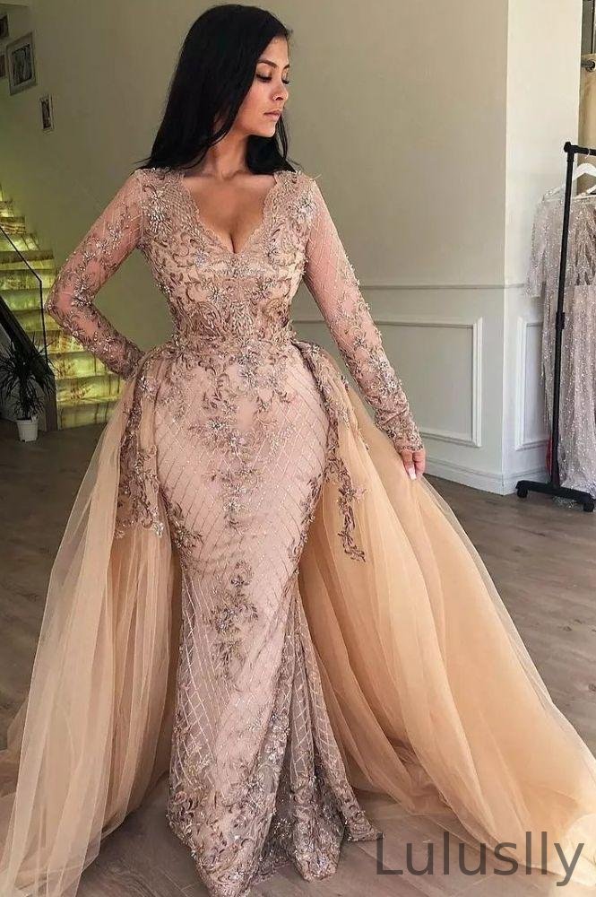 Luluslly Detachable Overskirt Long Sleeve Prom Dress Mermaid Lace Evening Gowns