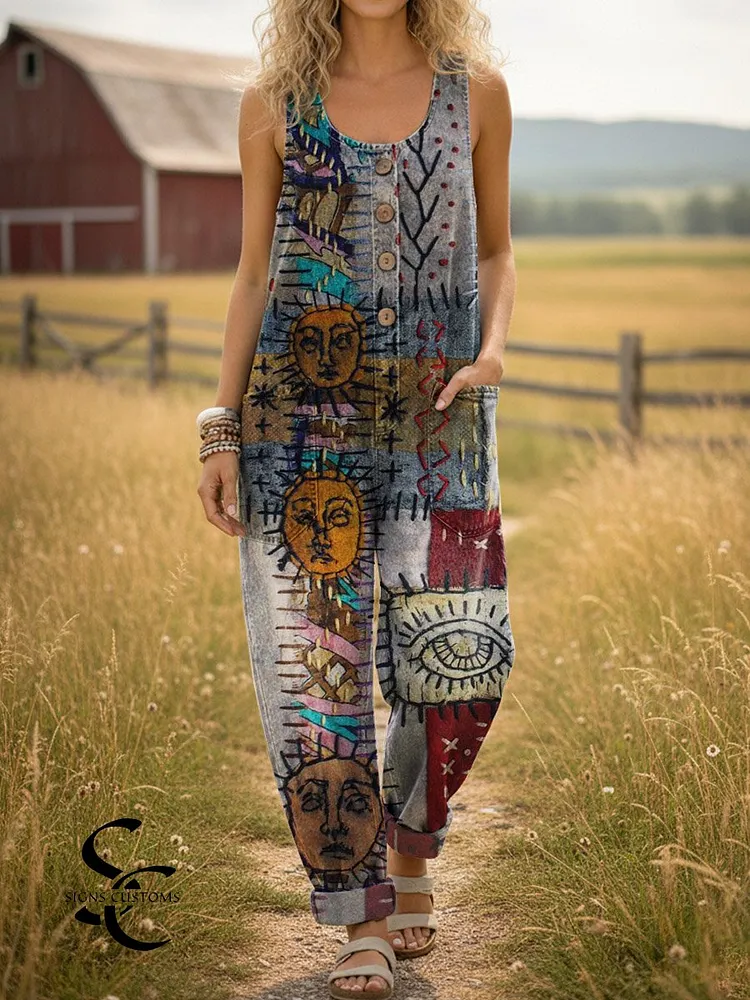 Women's Ethnic Style Retro Art Print Casual Denim Jumpsuit