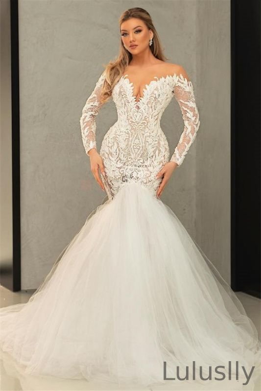 Luluslly Long Sleeves V-Neck  Tulle Lace Wedding Dress Mermaid