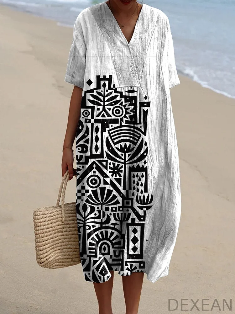 Women's Black And White Abstract Geometric Pattern Art Print Flowy Dress