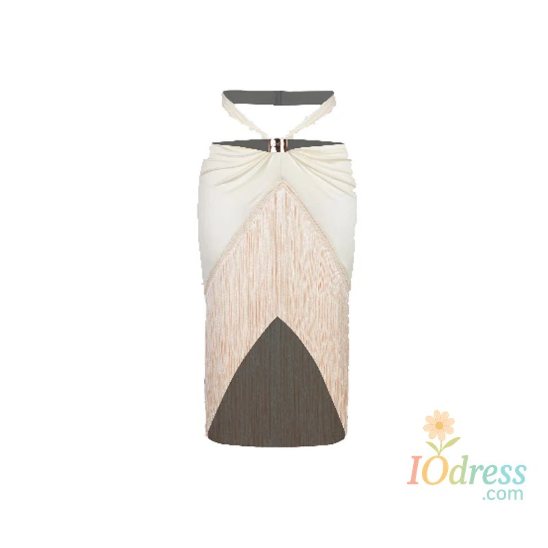 IO Dress Adult Latin Dance Dress Clothes Women Satin Halterneck Bodysuit Top Fringed Skirt Cha Cha Rumba Training Performance Set Costume