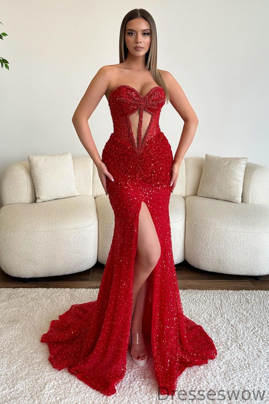 Dresseswow Sweetheart Sleeveless Mermaid Formal Dress With Split Sequins Pearls Beads