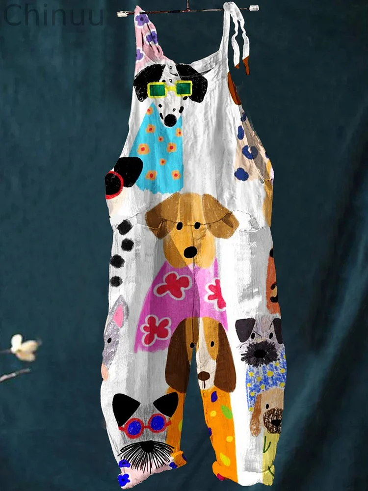 Women's Colorful Cartoon Flower Shirt Dog Print Casual 100% Cotton Wide Leg Jumpsuit