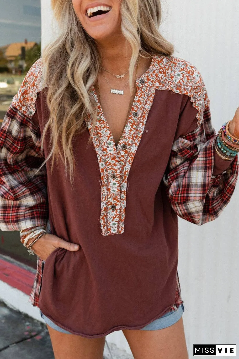 Floral Plaid Mixed Print Bishop Sleeve Patchwork Top
