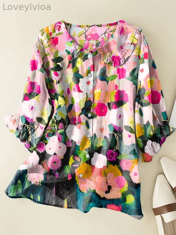 Vintage Floral Cotton and Linen Loose Peter Pan Ruffle Collar Shirt