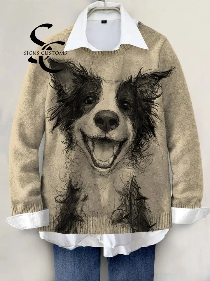 Hand-Painted Knit Pullover Sweater Featuring Adorable Dogs