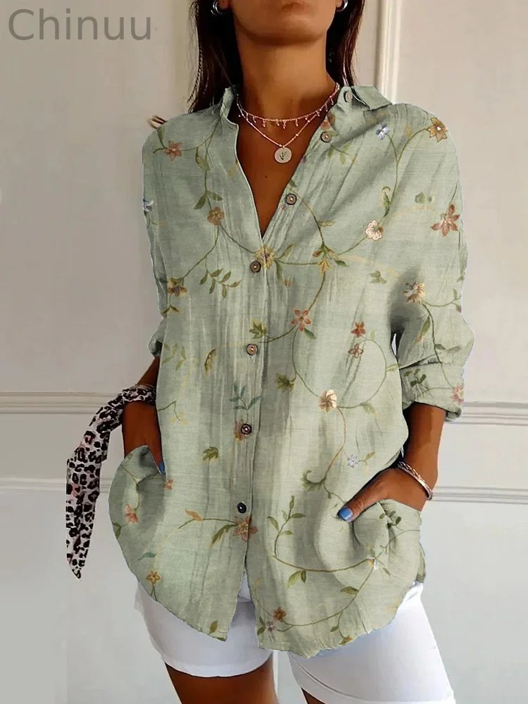 Vintage Floral Print Casual Long Sleeve Shirt