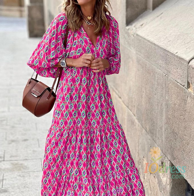 IO Dress Autumn Dresses For Women 2023 Print Casual Ruffles Loose Long Dress Vintage Elegant Office Beach Style V Neck Vestidos IO Dress