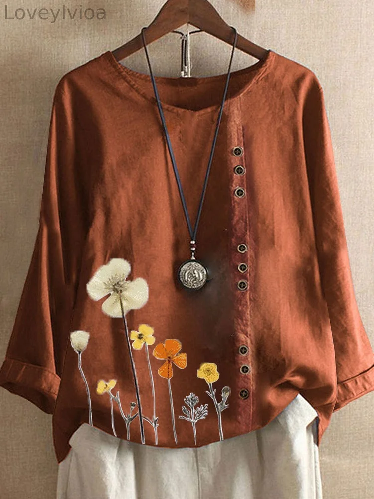 Women's Vintage Literary Floral Print Cotton Shirt