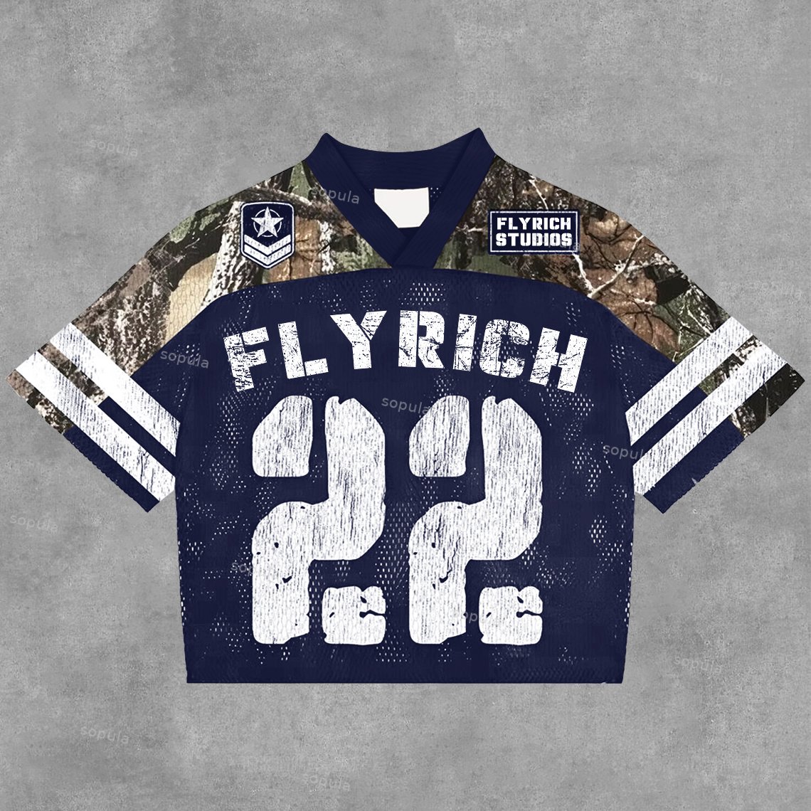 Sopula Vintage Fly Rich No.22 Graphics Blokecore Blokette Football V-Neck T-Shirt