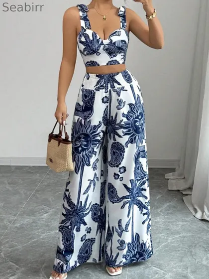 Printed V-neck top + loose wide-leg pants set