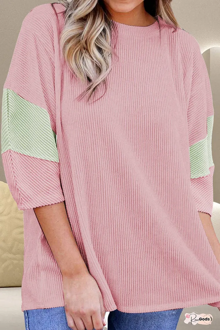 Color Block Round Neck Three-Quarter Sleeve Blouse