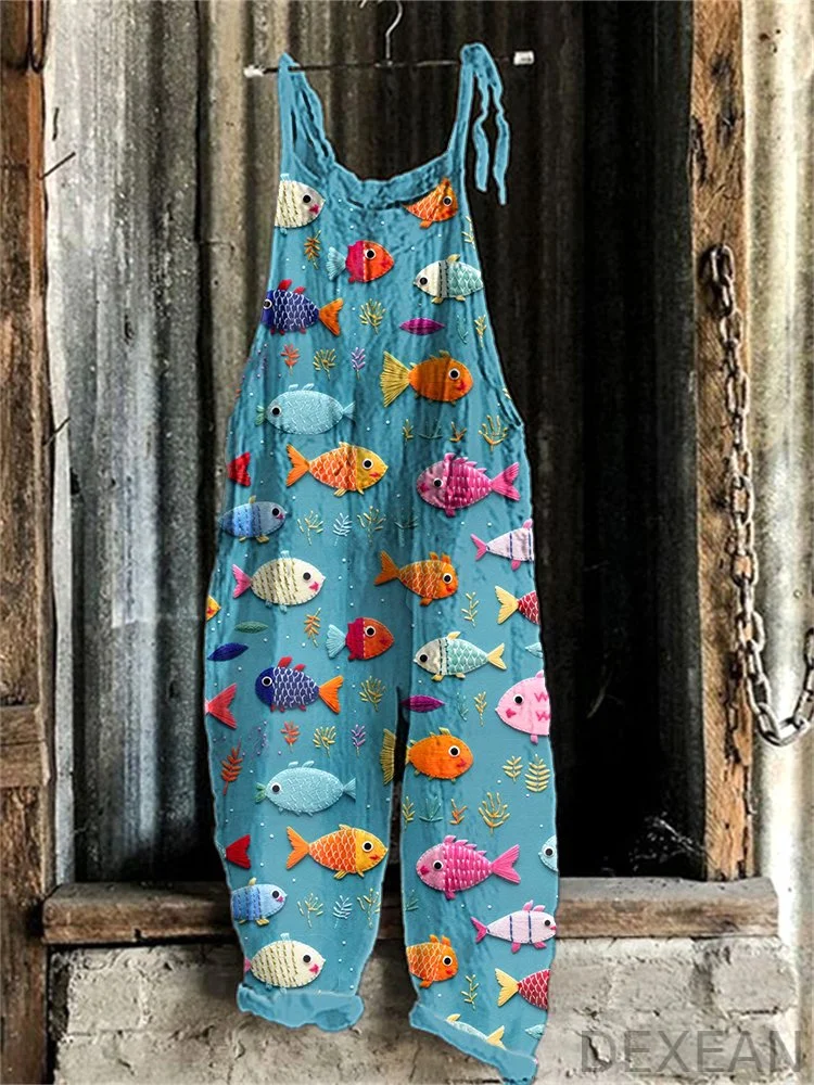 Colorful Fish Art Print Linen Blend Casual Jumpsuit