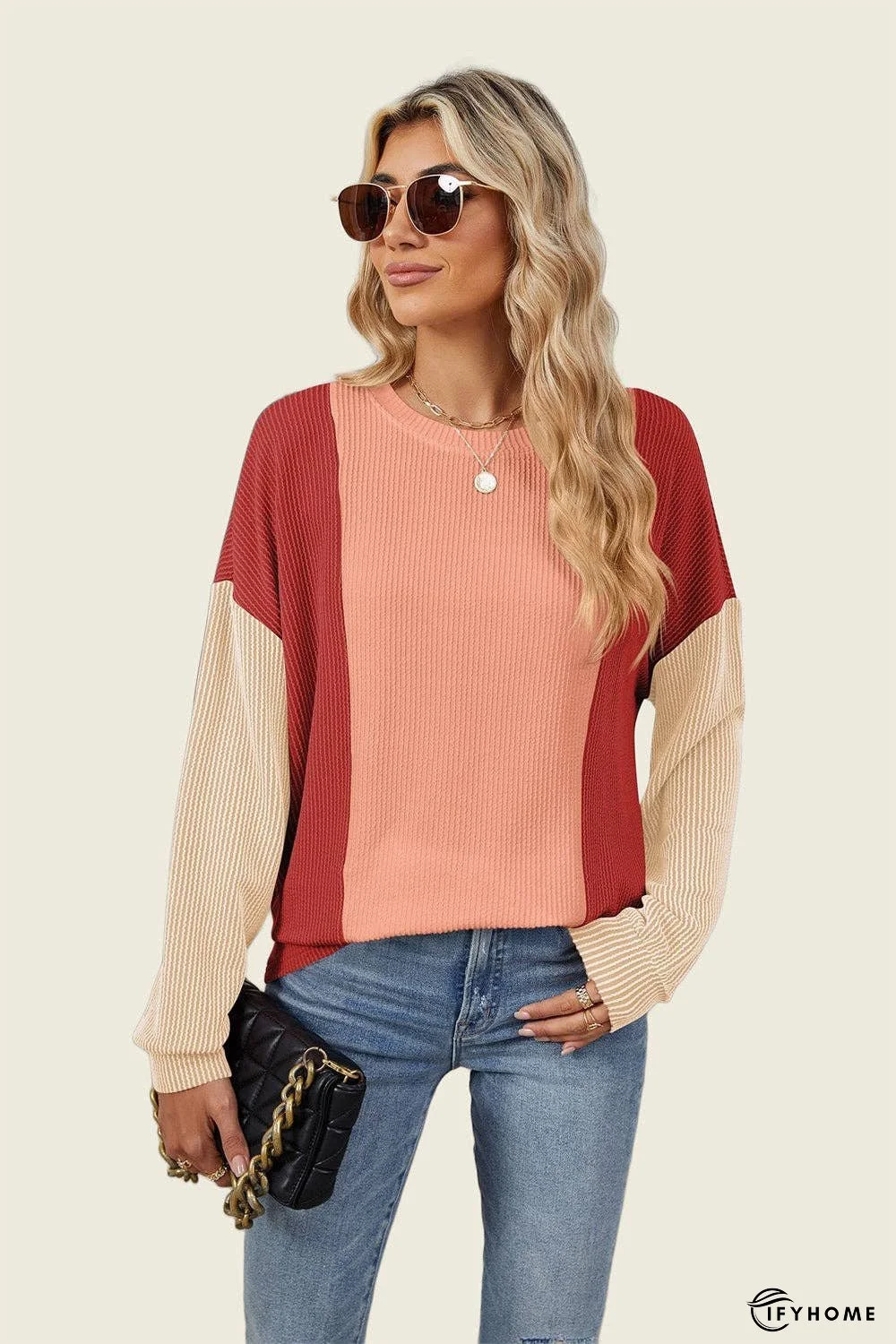 Double Take Texture Contrast Round Neck Long Sleeve T-Shirt | IFYHOME