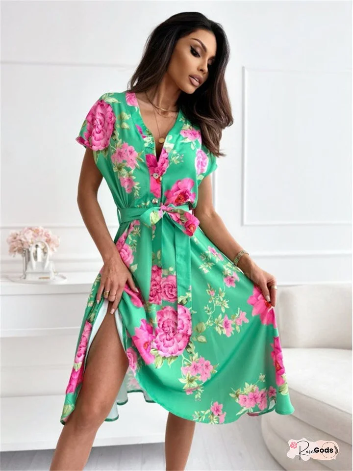 New Temperament Commuter Fashion Print Flowers V-neck Short-sleeved Long Ruffle Dress Urban Wind Dress Female
