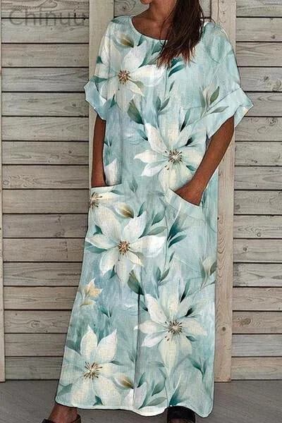 Women's White Floral Print On Blue Background Linen Pocket Dress